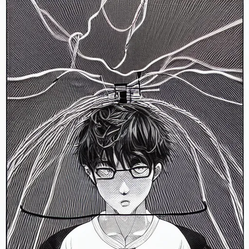 Prompt: hyper-detailed manga illustration of a human form made of pink patch cables, with a large modular synthesizer