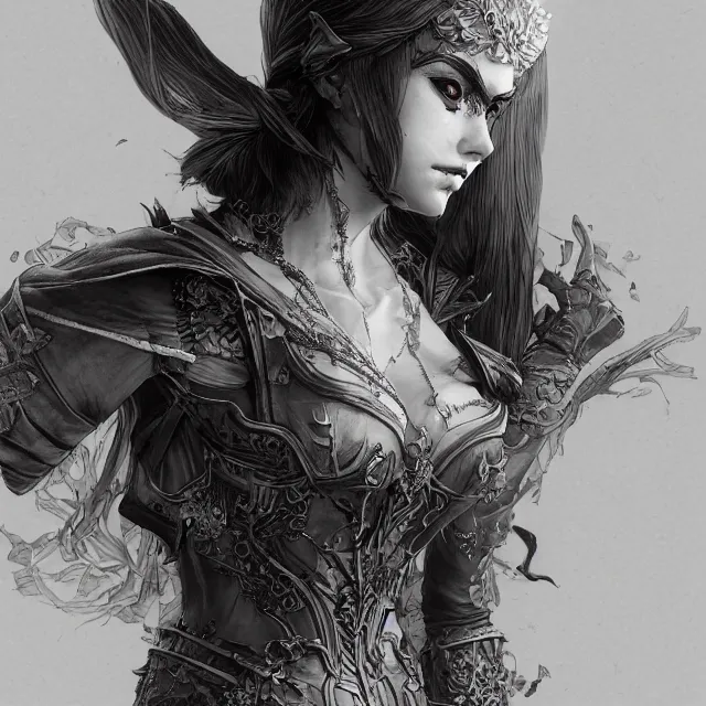 Image similar to the portrait of neutral evil fallen female dark knight vagabond as absurdly beautiful, gorgeous, elegant, sophisticated, woman, an ultrafine hyperdetailed illustration by kim jung gi, irakli nadar, intricate linework, bright colors, octopath traveler, final fantasy, unreal engine 5 highly rendered, global illumination, radiant light, detailed and intricate environment