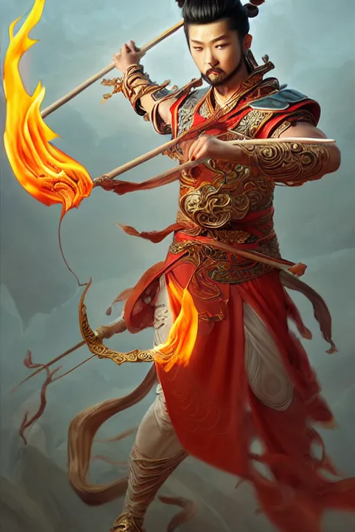 Image similar to handsome nezha, highly detailed, man holding spear, flame everywhere, epic pose, masterpiece chinese fantasy character portrait, highly detailed, digital painting, trending on artstation, concept art, sharp focus, illustration, global illumination, ray tracing, realistic shaded, art by artgerm and greg rutkowski and fuji choko and viktoria gavrilenko and hoang lap