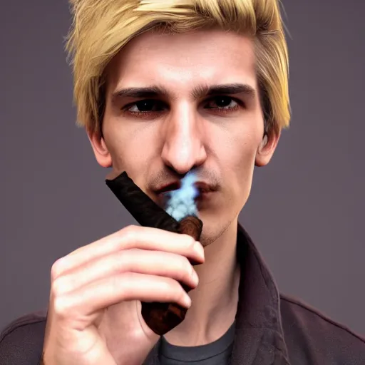 Image similar to a high quality photo of xqc smoking a cigar, 3d scene, render, ultra realistic, artstation, cgsociety