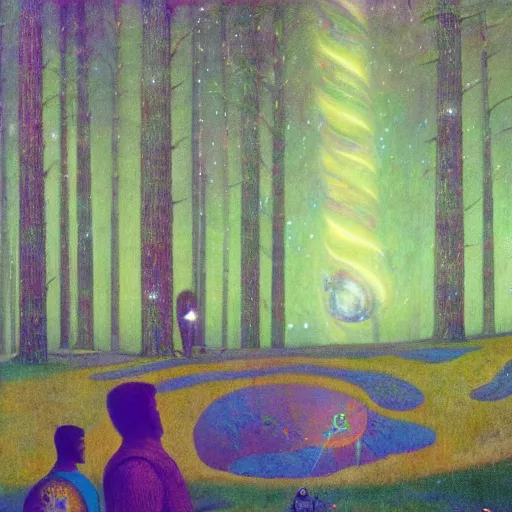 Image similar to psychedelic lush pine forest, space man, astronaut, outer space, milky way, designed by arnold bocklin, jules bastien - lepage, tarsila do amaral, wayne barlowe and gustave baumann, cheval michael, trending on artstation, star, sharp focus, colorful refracted sparkles and lines, soft light, 8 k 4 k