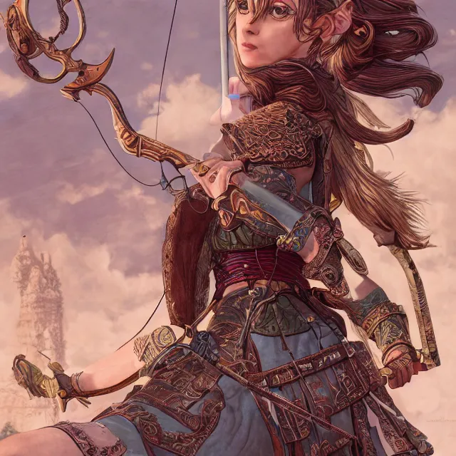 Image similar to the portrait of lawful neutral semi - colorful female archer huntress as absurdly beautiful, gorgeous, elegant, young girl, an ultrafine hyperdetailed illustration by kim jung gi, irakli nadar, intricate linework, bright colors, octopath traveler, final fantasy, unreal engine 5 highly rendered, global illumination, radiant light, detailed and intricate environment