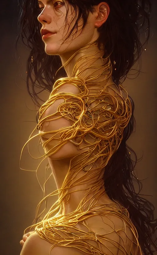 Image similar to portrait of a dark goddess, gold wires, visible veins and nerves, intricate, headshot, highly detailed, digital painting, artstation, concept art, sharp focus, cinematic lighting, illustration, art by artgerm and greg rutkowski, alphonse mucha, cgsociety