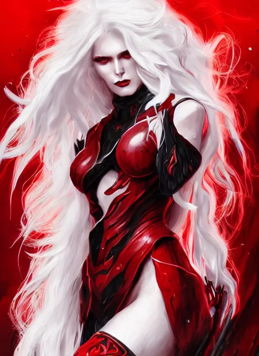 Image similar to a highly detailed illustration of fierce beautiful long white haired horned demon woman wearing red and black battle dress, dramatic power pose, perfect face, perfect body, intricate, elegant, highly detailed, centered, digital painting, artstation, concept art, smooth, sharp focus, league of legends concept art, wlop.