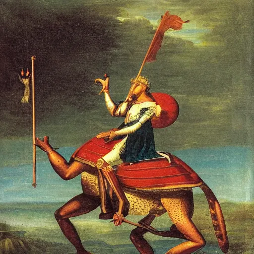 Prompt: knight riding on a frog, classical painting