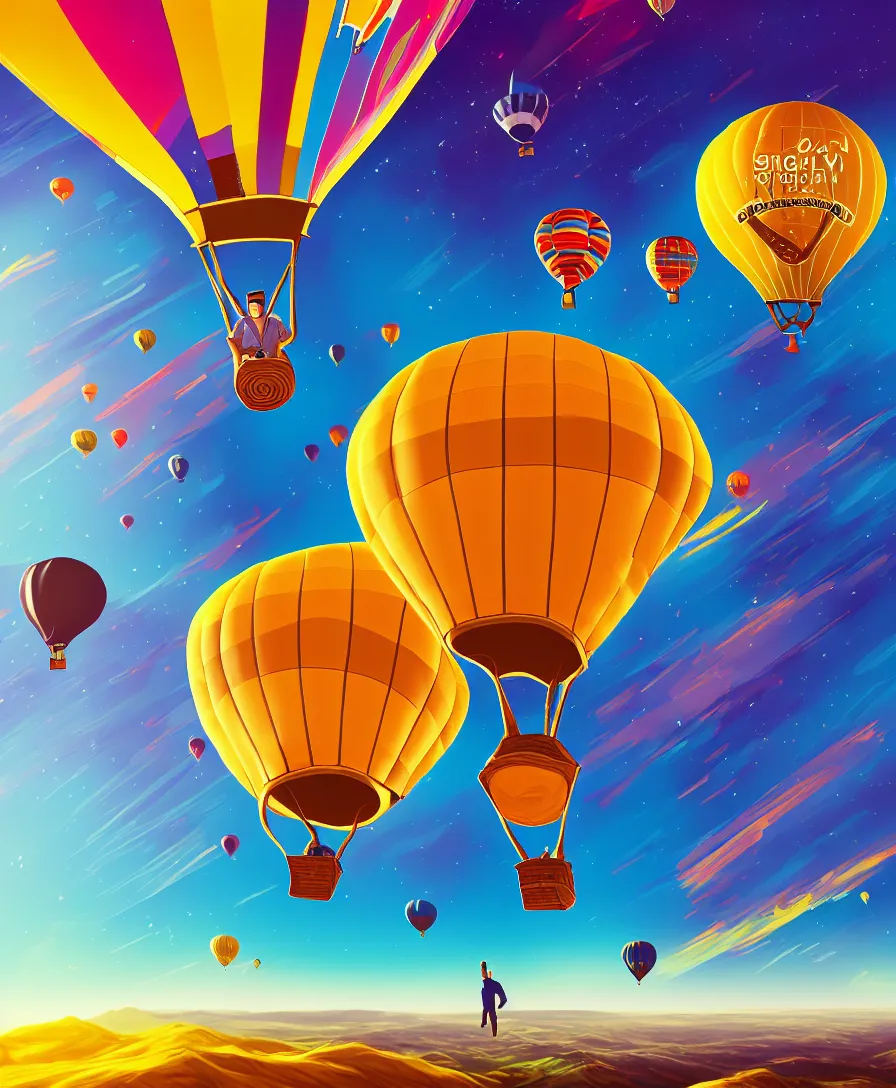 Prompt: highly detailed portrait of a single man flying in hot air balloon in the colorful space, in the style of greg rutsowski, dark background, wide angle shot, hyper realistic, concept art, 8 k detail post - processing