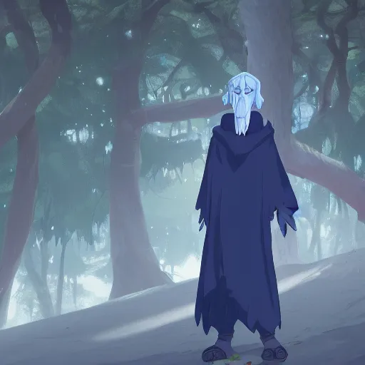 Image similar to concept art painting of an anthropomorphic albino raven wearing dark blue robes, in the deep forest, realistic, detailed, cel shaded, in the style of makoto shinkai and greg rutkowski and james gurney