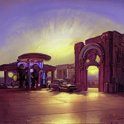 Image similar to painting of syd mead artlilery scifi organic shaped gas station with ornate metal work lands on a farm, roman architecture, volumetric lights, purple sun, andreas achenbach