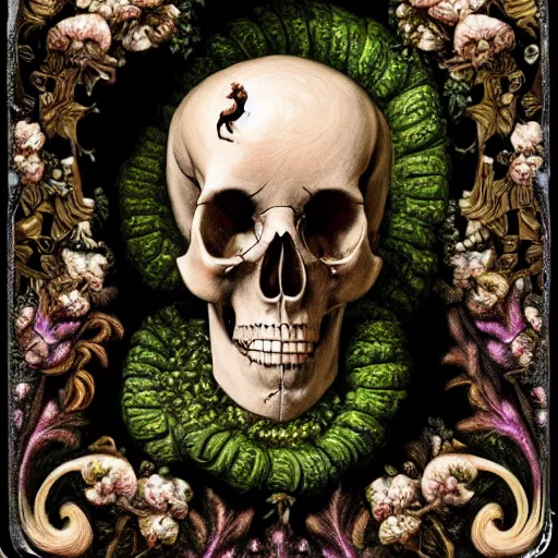 Image similar to a beautiful detailed front view rococo portrait of a rotten woman corpse becoming almost a skull with fractal plants and fractal flowers and mushrooms growing around, intricate, ornate, volumetric light, beautiful lit, polaroid photography, the northman