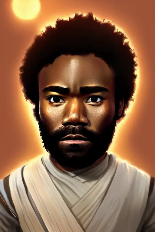 Image similar to Donald Glover as a Jedi from Star Wars, Naboo, realistic portrait, symmetrical, highly detailed, digital painting, artstation, concept art, smooth, sharp focus, cinematic lighting, art by Ralph McQuarry