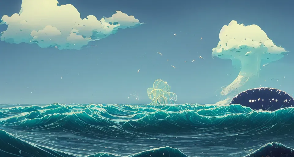 Image similar to A very beautiful serene coastal landscape scene with a GIANT MECHA JELLYFISH looming in the distance, bright sunny waves splashing on the beach, Translucent rendered by simon stålenhag, The Great Wave off Kanagawa, rendered by Beeple, Makoto Shinkai, syd meade, environment concept, digital art, starwars, unreal engine, 3 point perspective, WLOP, trending on artstation, low level, 4K UHD image, octane render,