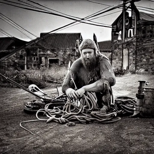 Image similar to wise angle photo of viking in armor working on the mechanical ancient device, tools and junk on the ground,wires and lights, old village in the distance, vintage old photo, black and white, sepia