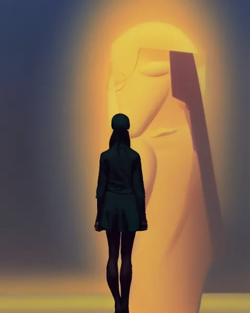 Image similar to a painting of a woman standing in front of a statue, a screenshot by stanley twardowicz, cgsociety, aestheticism, aesthetic, vaporwave, anime aesthetic