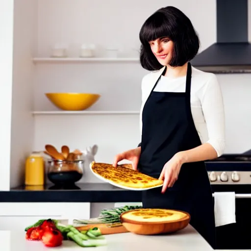 Image similar to image of a beautiful woman with dark hair and bob haircut cooking omelette in the modern kitchen. dynamic lighting.