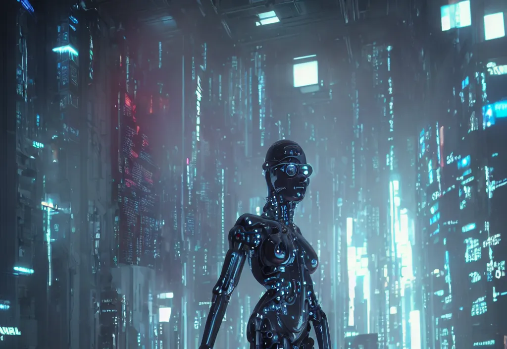 Prompt: shot of film by cyberpunk syle, human like a cyborg hyperrealistic full figure with realistic body in detailed data center, character design, futuristic, gradient, hyper realistic, ray tracing, realistic character, sharp focus, long shot, 8 k resolution, cinematic, by yoichi hatakenaka, by masamune shirow, by josan gonzales, octane render