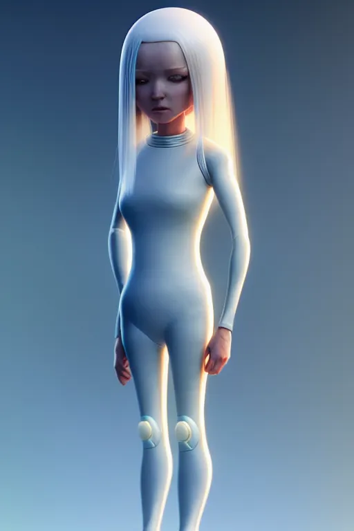 Image similar to upright and straight android women, scifi, futuristic design, full body model, long white hair, character design, cinematic lighting, highly detailed, by beeple, goro fujita, smooth gradient.