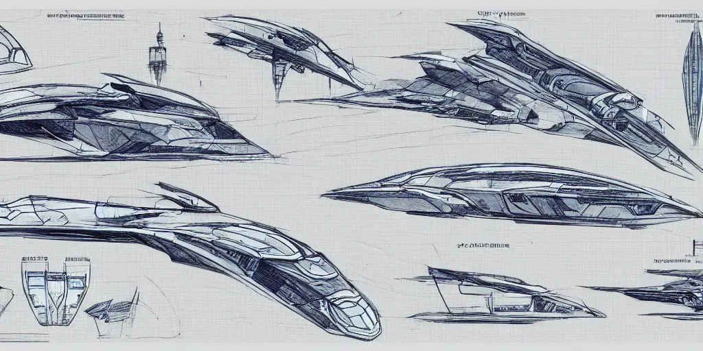 Image similar to high tech sci fi spaceship concept art blueprint drawings