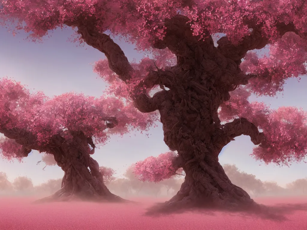 Image similar to a Photorealistic complex hyper detailed hyper realistic rendering of a gigantic eerie knotted tree full of beautiful blossoming pink Sakura flowers in a desert valley with flowers scattered all over the ground at sunset by Craig Mullins,Greg Rutkowski,Beautiful dynamic dramatic dark moody lighting,shadows,volumetric,Cinematic Atmosphere,high surface and silhouette details,Octane Render,8k