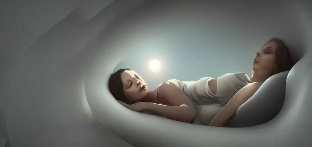 Image similar to a woman sleepinginside a hibernation pod, side view, in the style of blade runner, high tech, photoreal, dramatic lighting, unreal engine 5, octane rendering, ray tracing