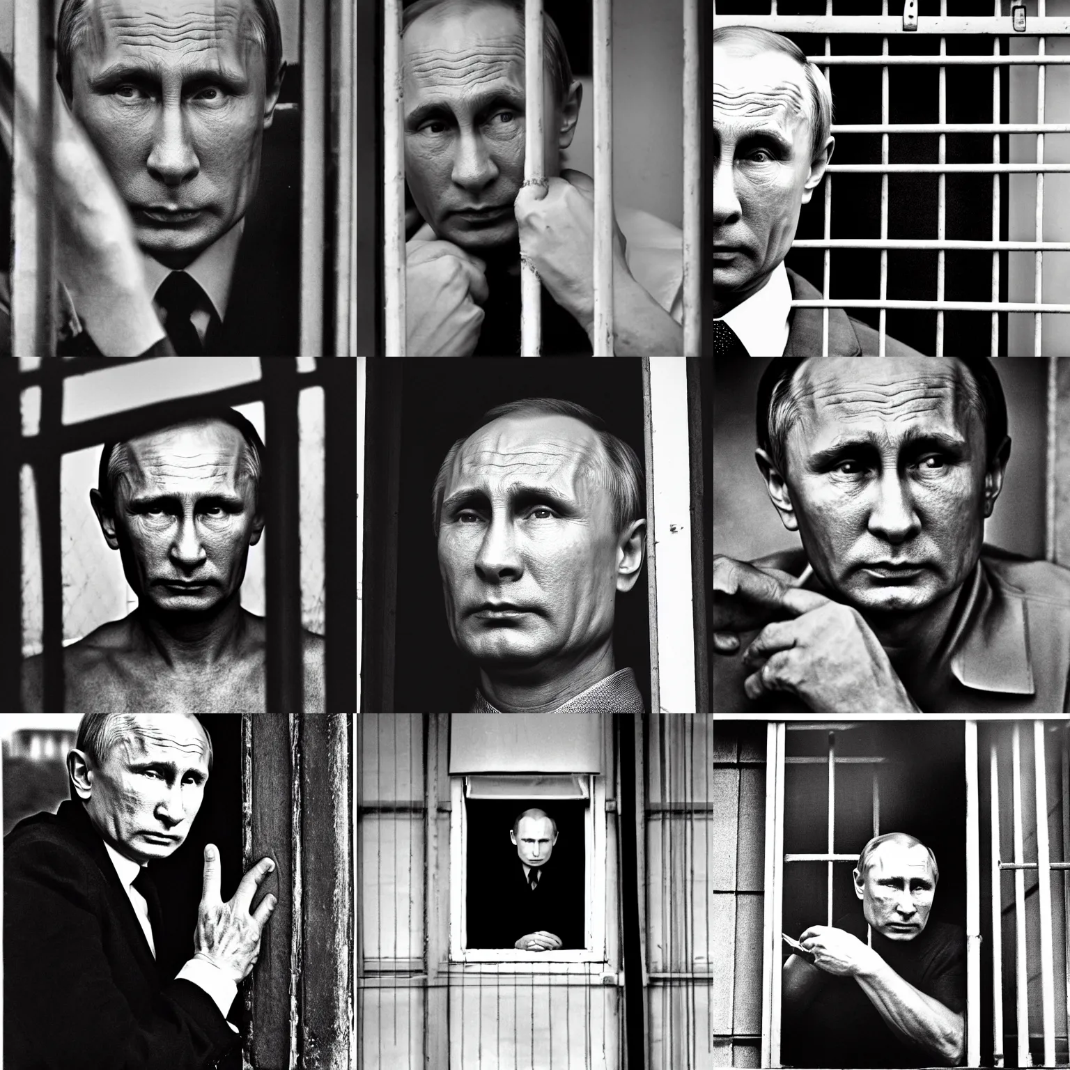 Prompt: a very sad and old wrinkled vladimir putin ( ( in prison clothes looking sadly out of the prison window with prison bars ) ). detailed professional 3 5 mm black and white photo by don mccullin and anders petersen world press photo award