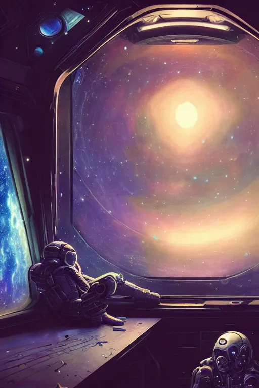 Image similar to sad human nomad, sitting sad in spaceship, gazing at view of galaxy in space through a window, intricate detailed environment, photorealistic!, octane render, mechanical, concept art, cinematic lighting, digital art, interstellar, hyper realism, sharp, cyberpunk, 8 k, de dia los muertos. by angus mckie, moebius, maciej kuciara