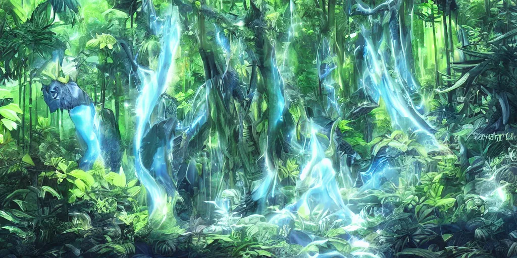 Prompt: blue spirits in a rainforest. anime art style