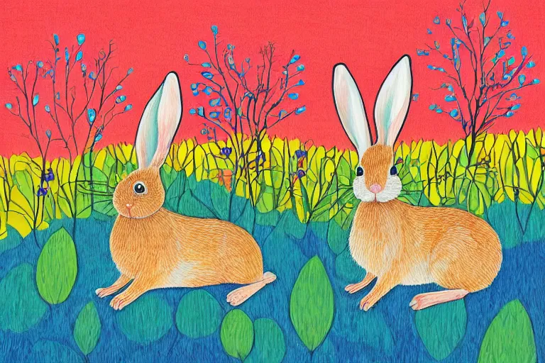 Image similar to beautiful art illustration of a group of rabbits by laurel burch, highly detailed