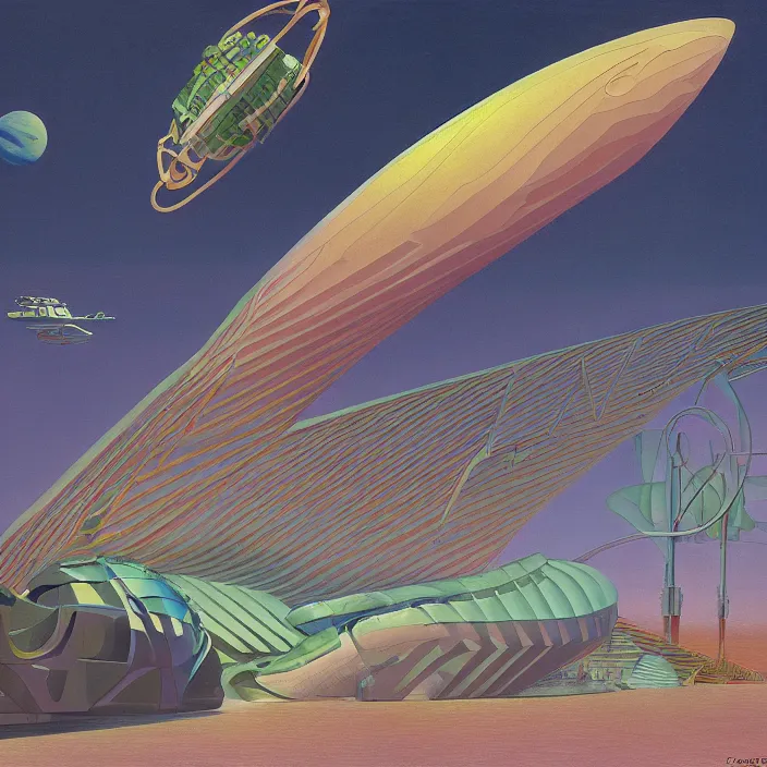 Prompt: tropical spacecraft, science fiction, extremely detailed, pastel colors, intricate, hard light, flat, illustration, volumetric lighting, digital painting, by roger dean, by santiago calatrava, by corbusier