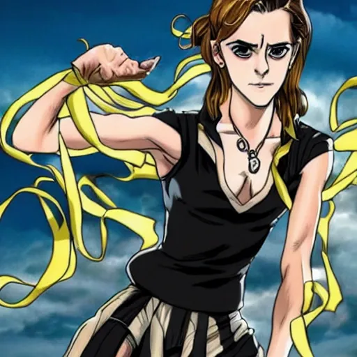 Image similar to Emma Watson drawn in Jojo's Bizarre Adventure, doing a jojo pose