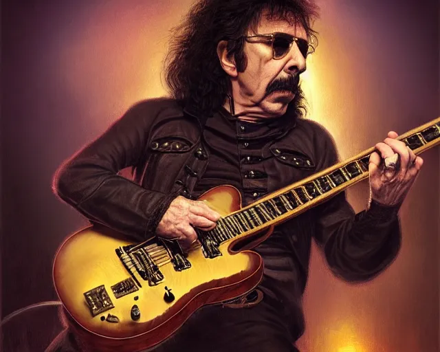 Image similar to photography of tony iommi playing a guitar at a tavern concert, 8 k, deep focus, d & d, fantasy, intricate, elegant, highly detailed, digital painting, artstation, concept art, matte, sharp focus, illustration, hearthstone, art by artgerm and greg rutkowski and alphonse mucha
