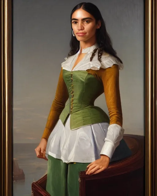 Image similar to close - up portrait of the united states president, alexandria ocasio - cortez, standing at the resolute desk, 1 8 4 8, attractive, oil on canvas by william sidney mount, trending on artstation, national archives