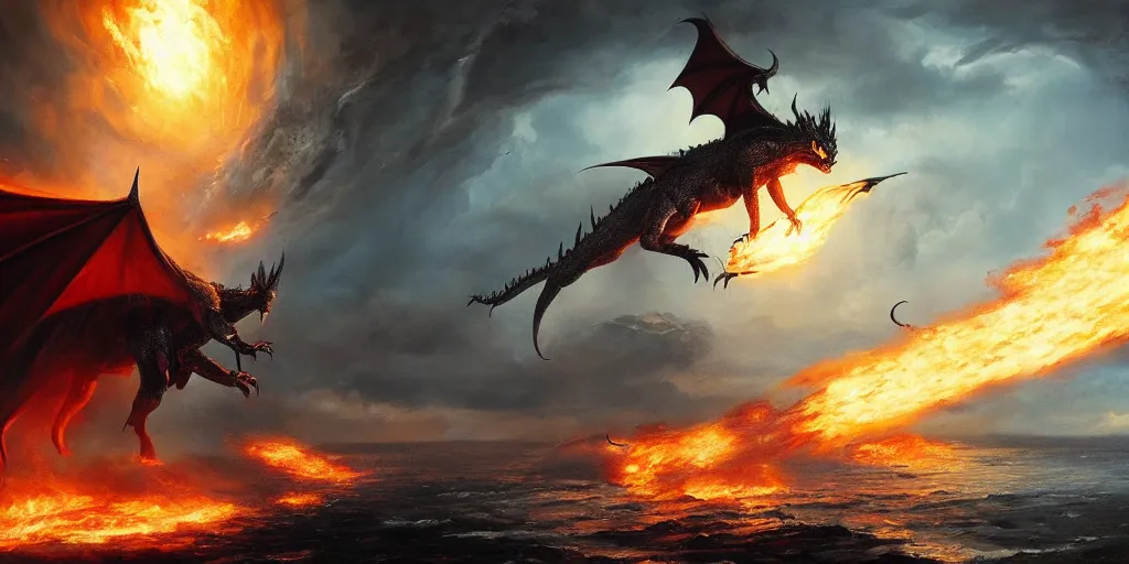 Image similar to Sauron flying in front of the Eye of Souron, a dragon throwing fire, backlighting, oil painting, by Greg Rutkowski