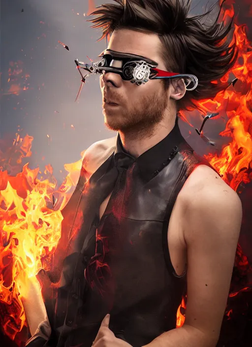 Image similar to An epic fantasy comic book style portrait painting of young man with red spiked long hair, using googles. Wearing a black waistcoat, white shirt. Fire on his hands. Unreal 5, DAZ, hyperrealistic, octane render, cosplay, RPG portrait, dynamic lighting