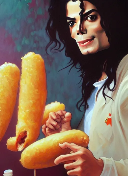 Image similar to michael jackson eating a corndog, painting by artgerm and greg rutkowski and alphonse mucha