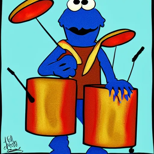 Prompt: the cookie monster plays on drums, Digital Art