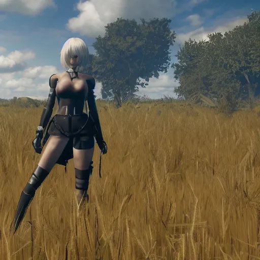 Prompt: a high resolution very detailed image of a 2 in russian tank boss fight from nier : automata in yellow rye field under pure blue skies