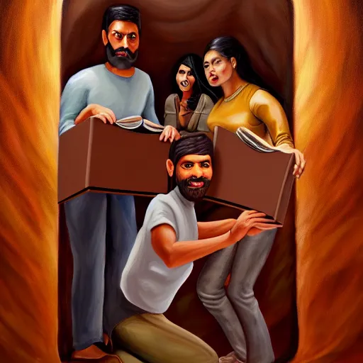 Image similar to a painting of three brown men and a brown woman emerging out of a giant open book, hyperrealistic faces, detailed digital art, aesthetic!, trending on artstation, anatomically correct