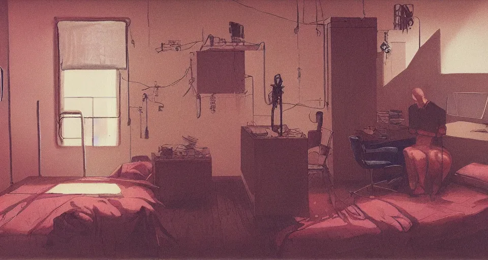 Prompt: IKEA catalogue photo, cyberpunk teenager bedroom, by Beksiński