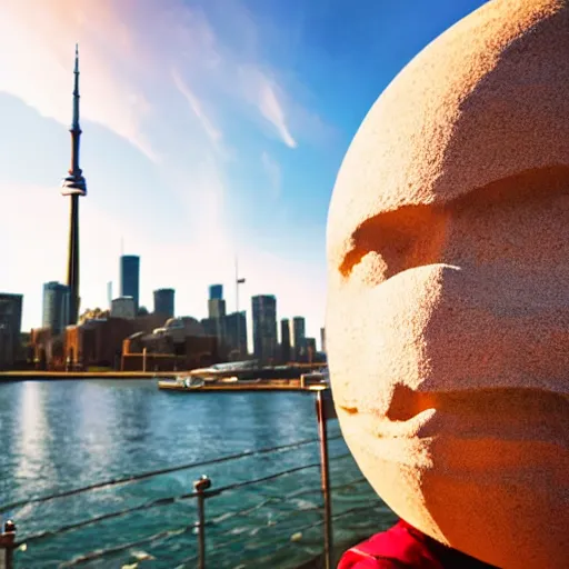 Image similar to Toronto tourist guide with planet mars as a head, dramatic cinematic lighting, Toronto landmarks background