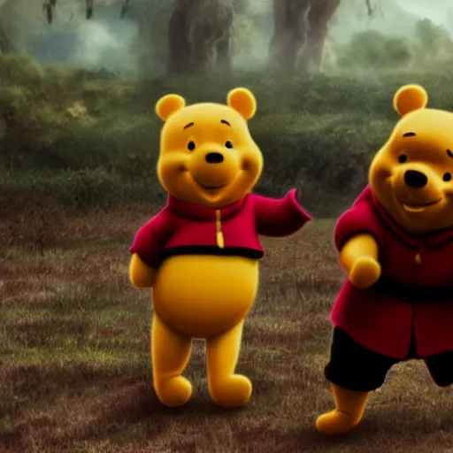 Image similar to an award winning cinematic still of Xi Jinping fighting Winnie the Pooh, 16k photograph, epic battle