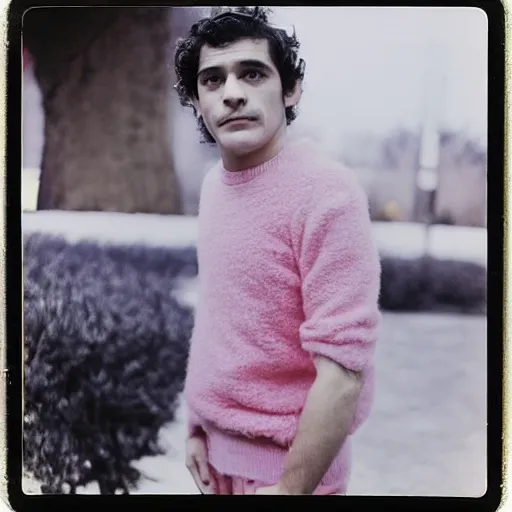 Prompt: old photo of oscar isaak in pink fluffy sweater, 8 0 - s, polaroid photo, by warhol,