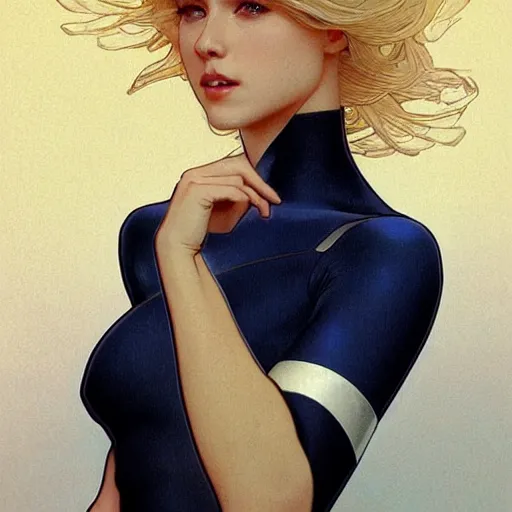 Image similar to a beautiful portrait of a beautiful cute young superhero woman, shoulder - length blonde hair, tight solid matte navy blue lycra bodysuit, white cape, intricate, elegant, 8 k, highly detailed, digital painting, concept art, smooth, sharp focus, illustration, by artgerm greg rutkowski alphonse mucha loish wlop