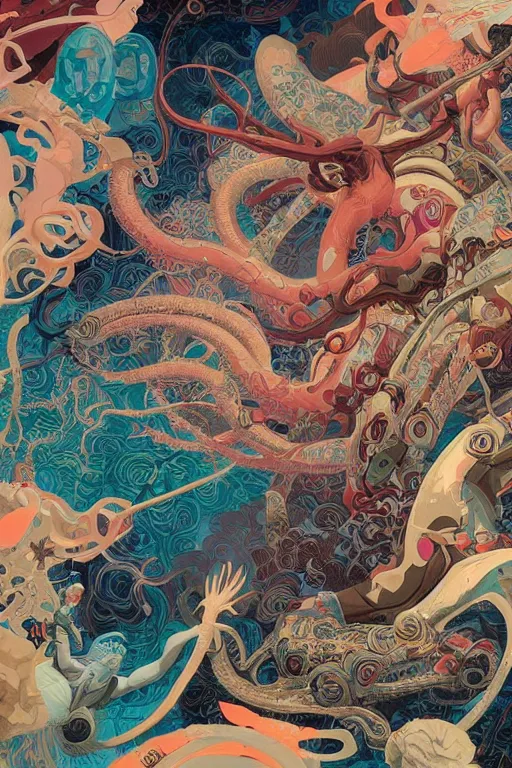 Image similar to Tristan Eaton, victo ngai, peter mohrbacher, artgerm, tentacles from the pit