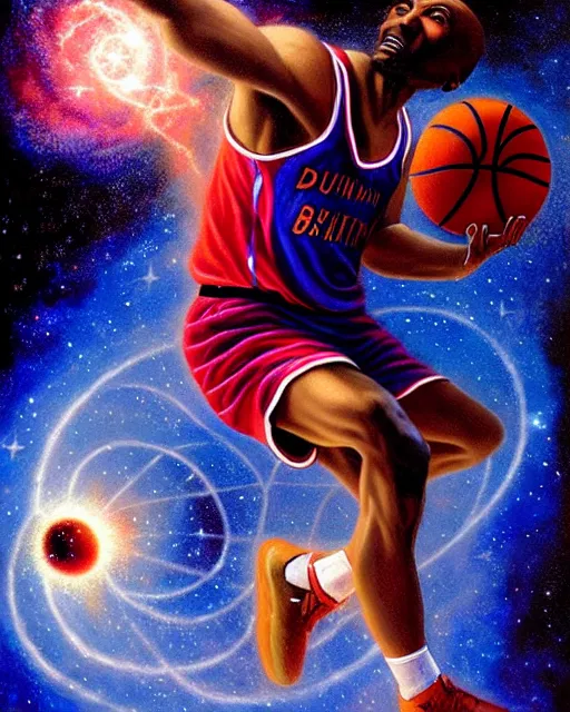 Image similar to cosmic basketball player dunking a basketball hoop in a nebula, an oil painting, by ( leonardo da vinci ) and greg rutkowski and rafal olbinski, award - winning magazine cover