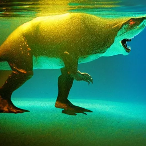 Image similar to t - rex underwater photography and light scattering, water refractions turned out impressive imho,