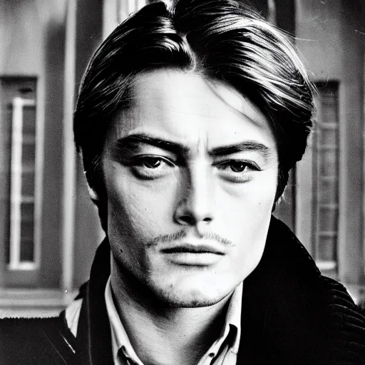 Image similar to stunning symmetrical portrait of alain delon in front of a ( ( ( tall moog synthesizer ) ) ), high contrast grainy blank and white photography print ilford warm tone, huge modular synthesizer