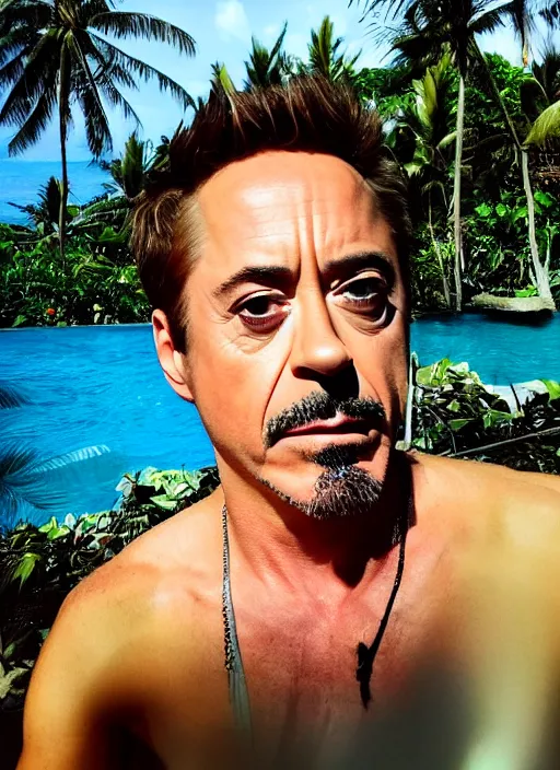 Image similar to a full portrait photo of robert downey jr holiday in bali, f / 2 2, 3 5 mm, 2 7 0 0 k, lighting, perfect faces, award winning photography.