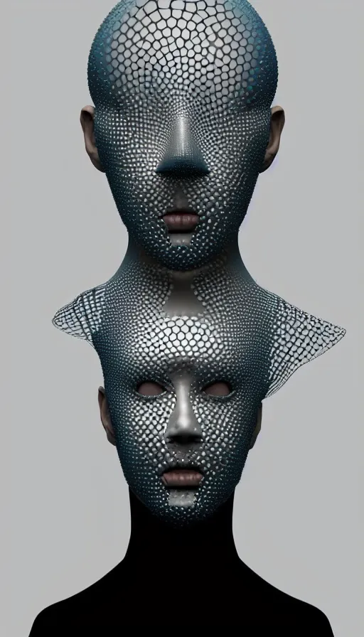 Image similar to a one woman with a futuristic mask on her face, a surrealist sculpture by alexander mcqueen, trending on pinterest, plasticien, biomorphic, made of plastic, a computer rendering by bedwyr williams, featured on zbrush central, holography, multiple exposure, glitch art, glitchy