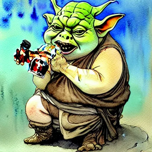 Image similar to a realistic and atmospheric watercolour fantasy character concept art portrait of a fat chibi homeless yoda wearing a wife beater drinking out of a broken bottle, by rebecca guay, michael kaluta, charles vess and jean moebius giraud