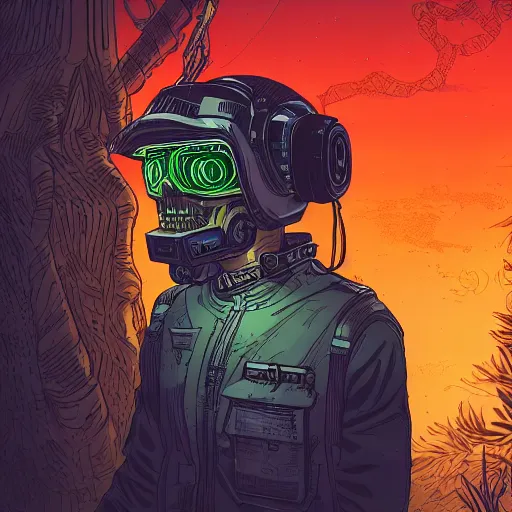Image similar to in the style of max prentis and deathburger and laurie greasley a close up of a young explorer wearing a cyberpunk headpiece sitting within an ancient and dense mechanical forest, highly detailed, 8 k wallpaper